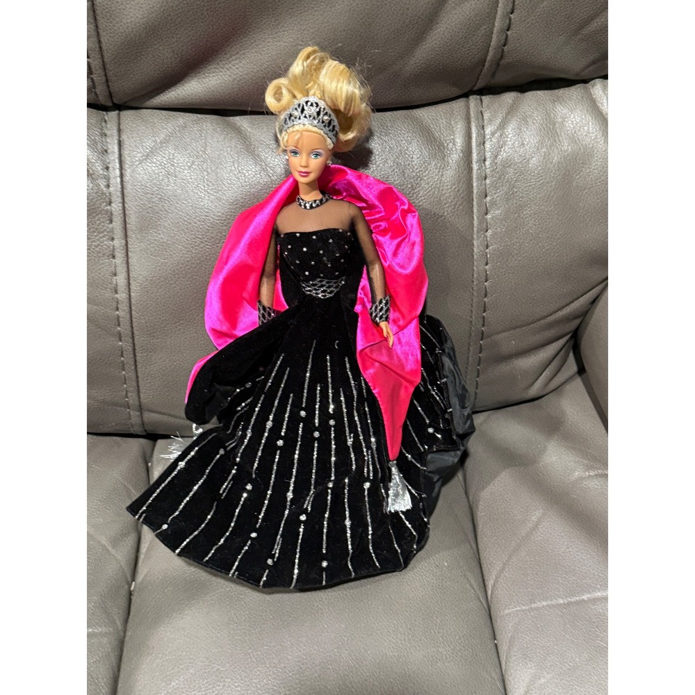 Mattel Barbie Vintage Black Velvet Silver Stripe Gown Hot Pink Wrap Tiara 90s